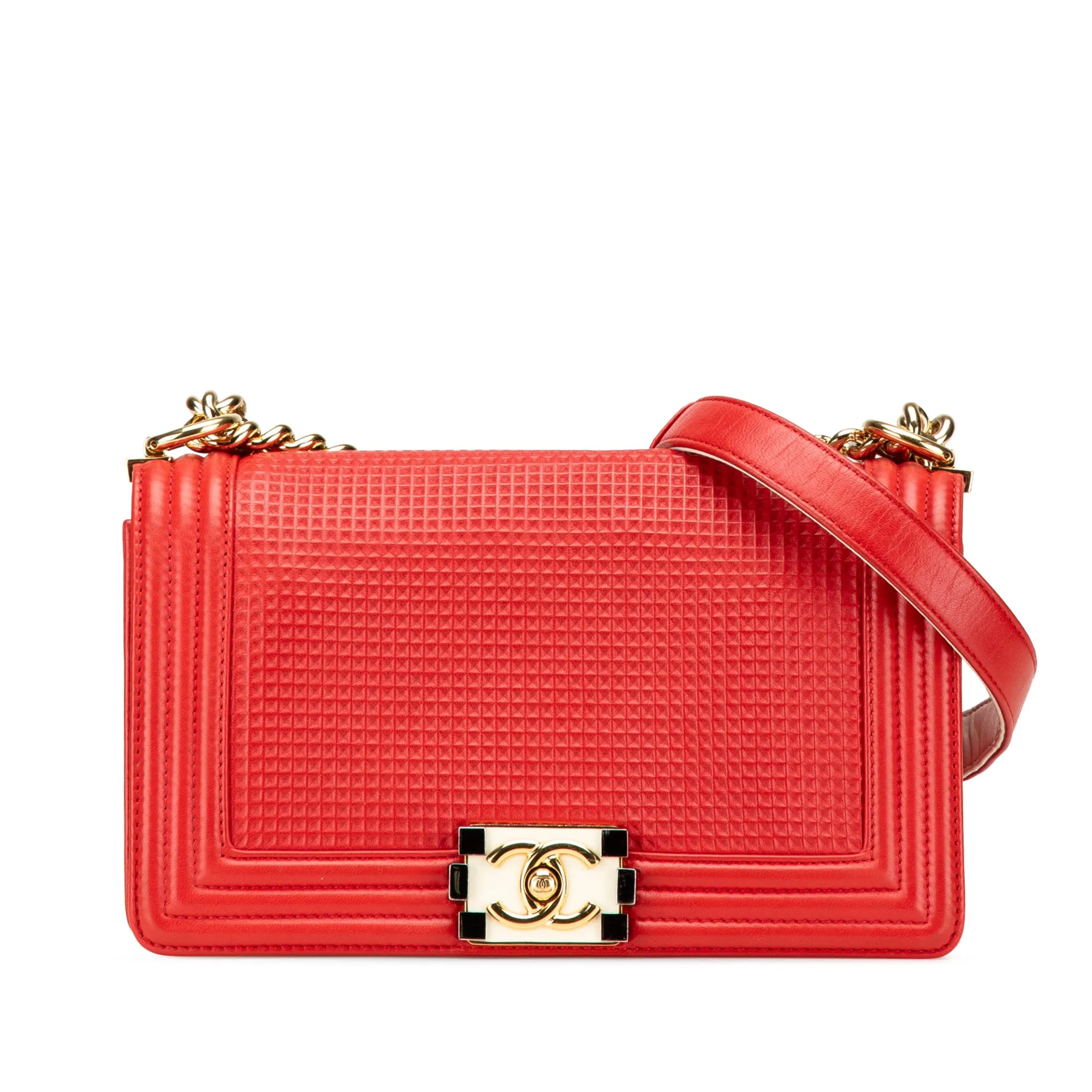 Red Chanel Old Medium Lambskin Embossed Cube Boy Flap Crossbody Bag