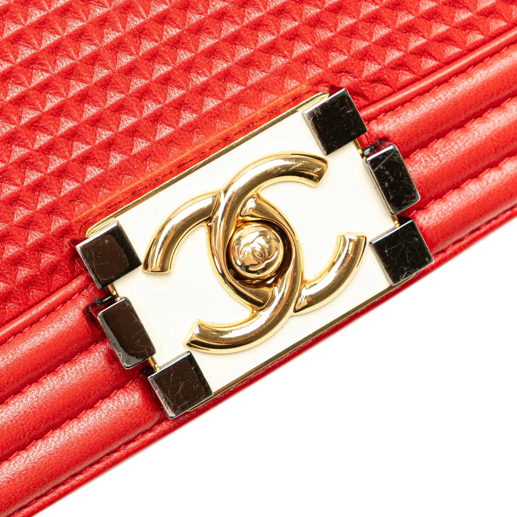 Red Chanel Old Medium Lambskin Embossed Cube Boy Flap Crossbody Bag