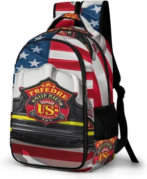 Red Stripe Firefighter USA Flag Travel Backpack Adjustable Computer Bag Casual Travel Daypack Satchel Backpack Unisex