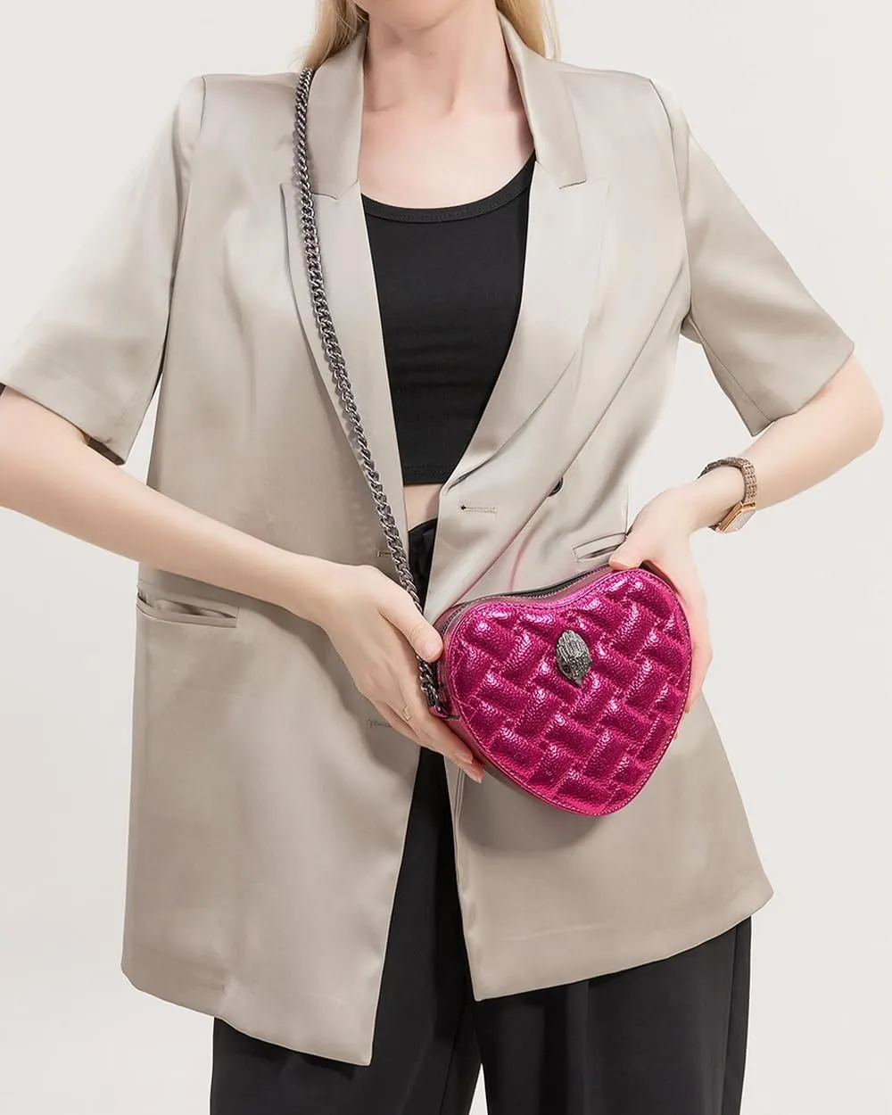 Rejolly Rainbow Stripe Heart Shaped Purse for Women Crossbody Bag Metallic PU Leather Shoulder Bag with Chain Strap