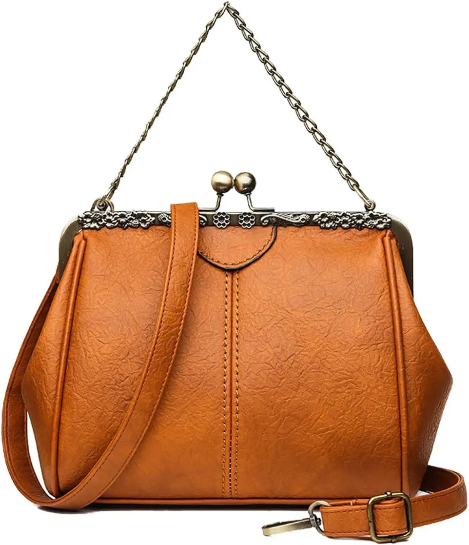 Retro Handbags and Purses for Women Chain Kiss Lock Top-Handle Satchel PU Leather Shoulder Bag Hollow Tote Champagne