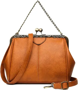 Retro Handbags and Purses for Women Chain Kiss Lock Top-Handle Satchel PU Leather Shoulder Bag Hollow Tote Champagne