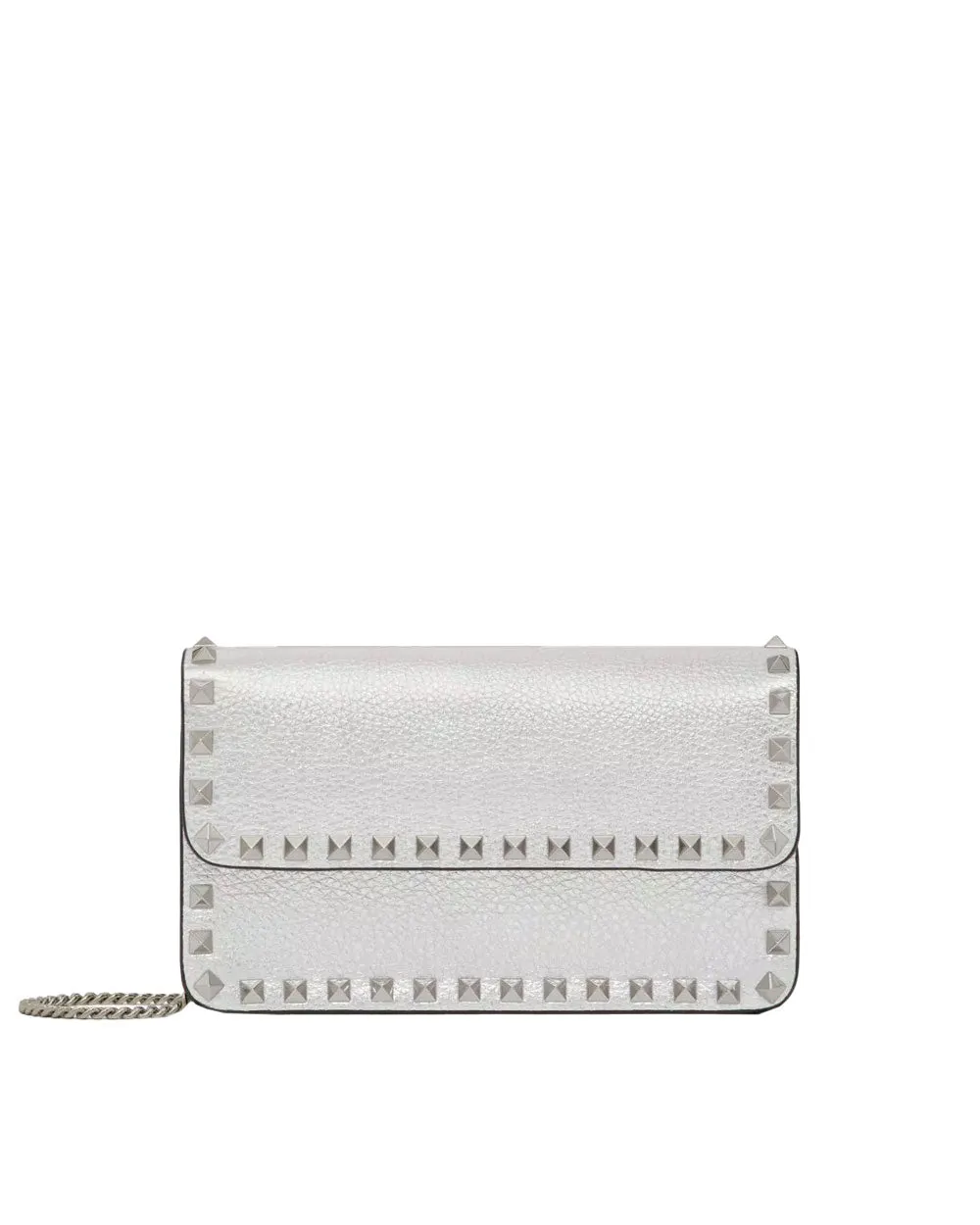 Rockstud Metallic Grainy Calfskin Wallet on Chain in Silver