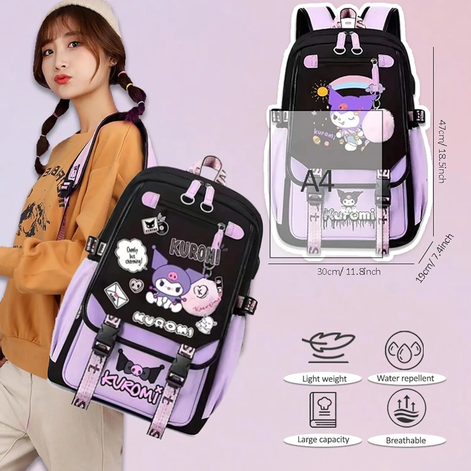 Roffatide Anime Kuromi Backpack Business Laptop Backpacks Travel Hiking Daypacks Rucksack 17 Inch