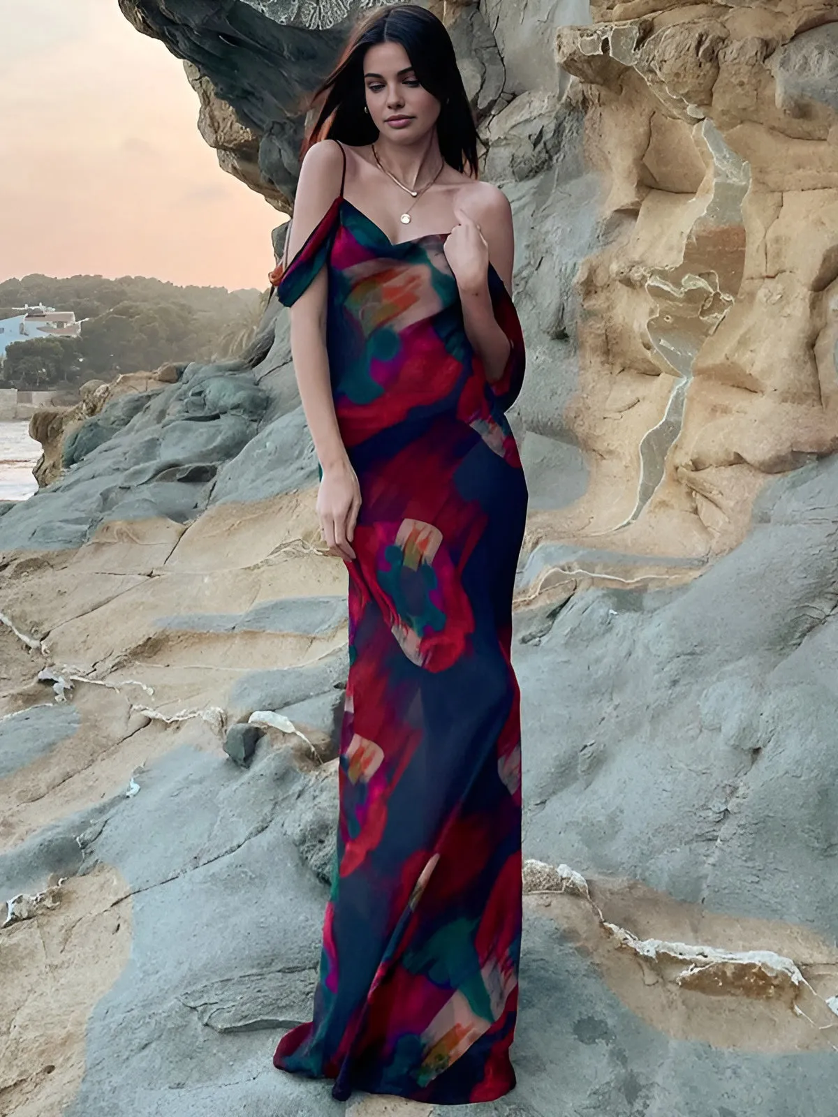 Romantic Floral Maxi Dress | Red | Evening | Chiffon