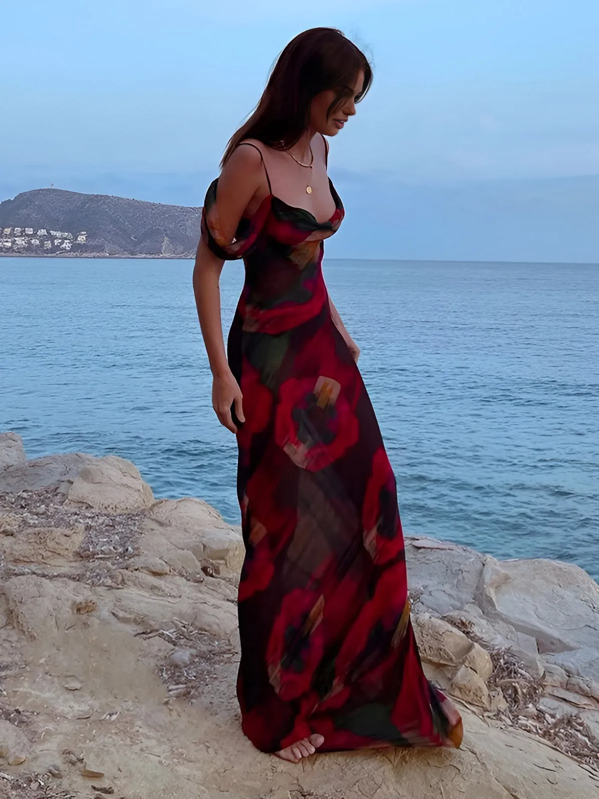 Romantic Floral Maxi Dress | Red | Evening | Chiffon