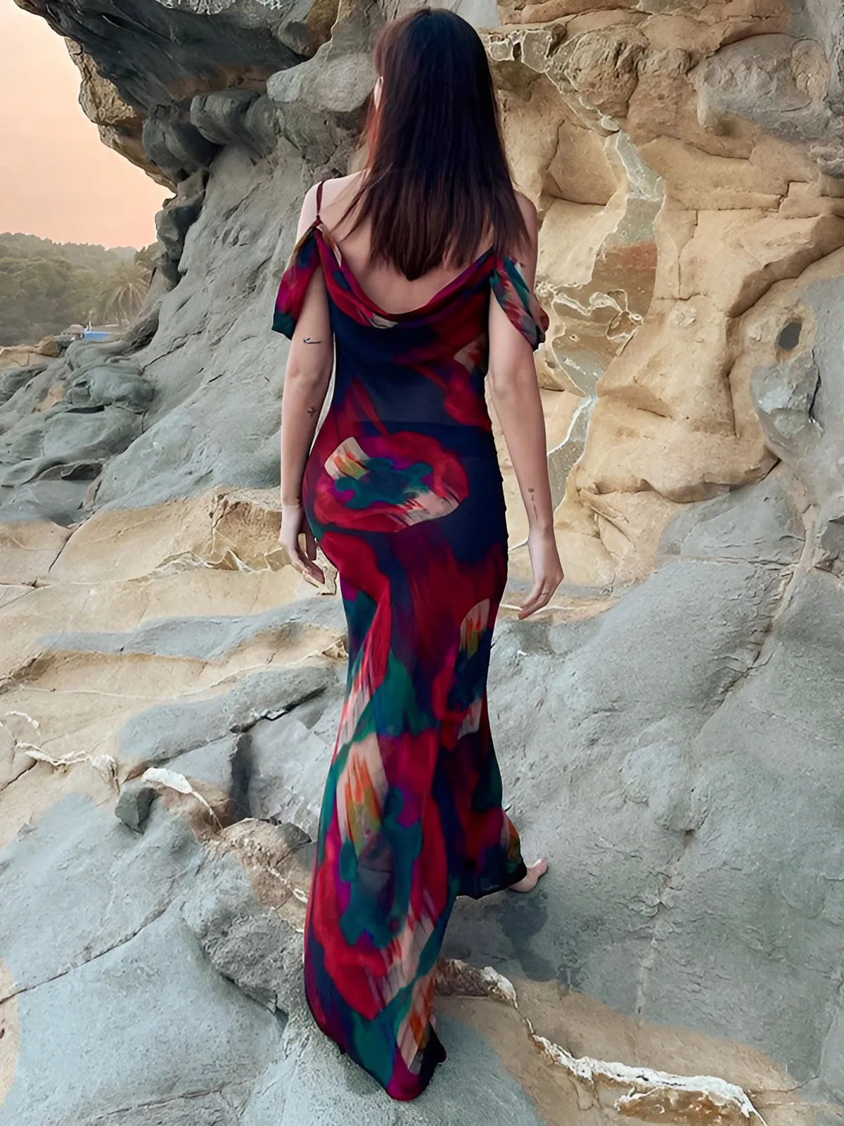 Romantic Floral Maxi Dress | Red | Evening | Chiffon
