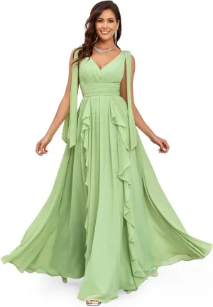 Ruffle Bridesmaid Dresses for Women Long V Neck Chiffon Ruched Flowy Formal Dress for Wedding