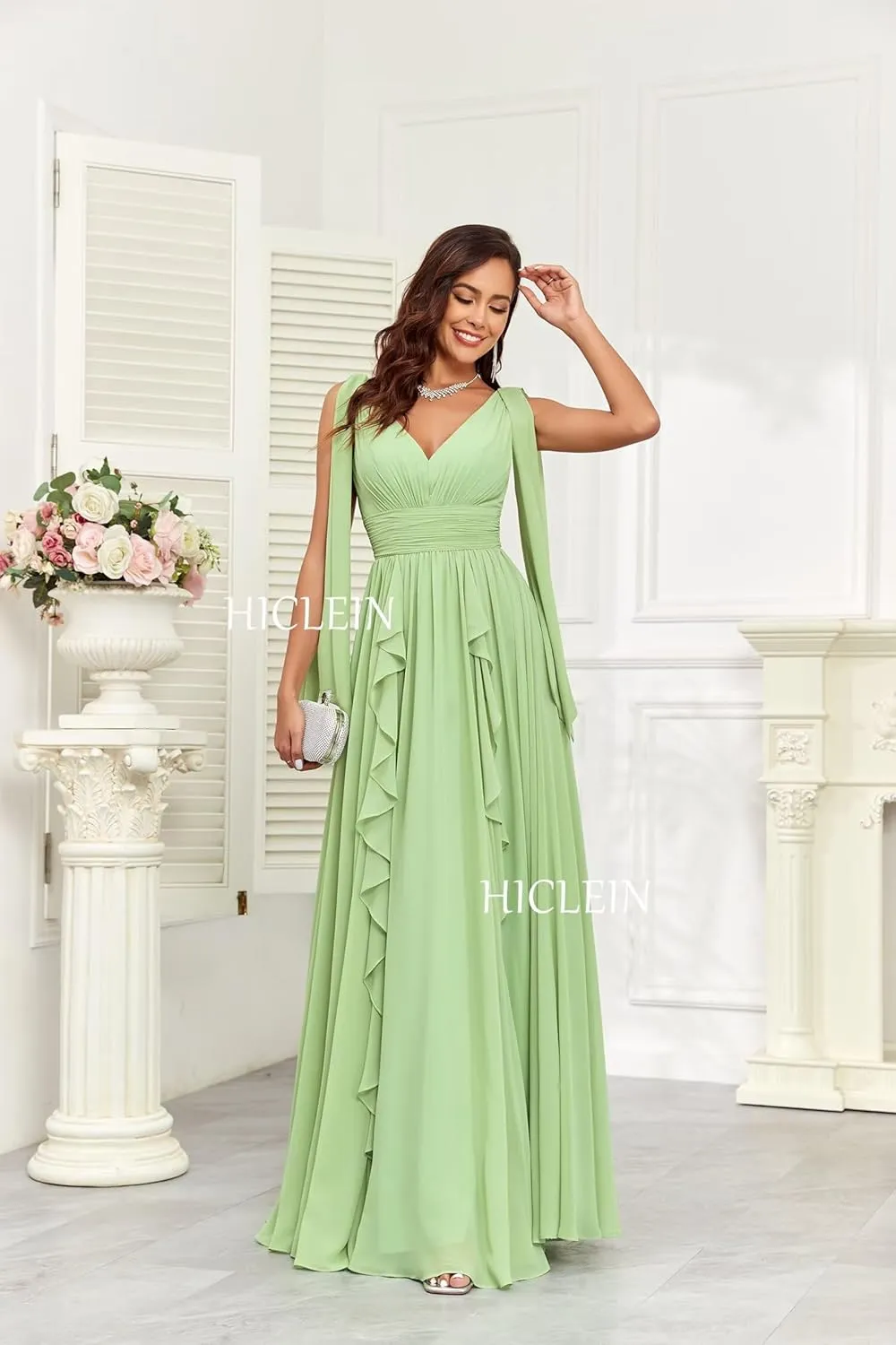Ruffle Bridesmaid Dresses for Women Long V Neck Chiffon Ruched Flowy Formal Dress for Wedding