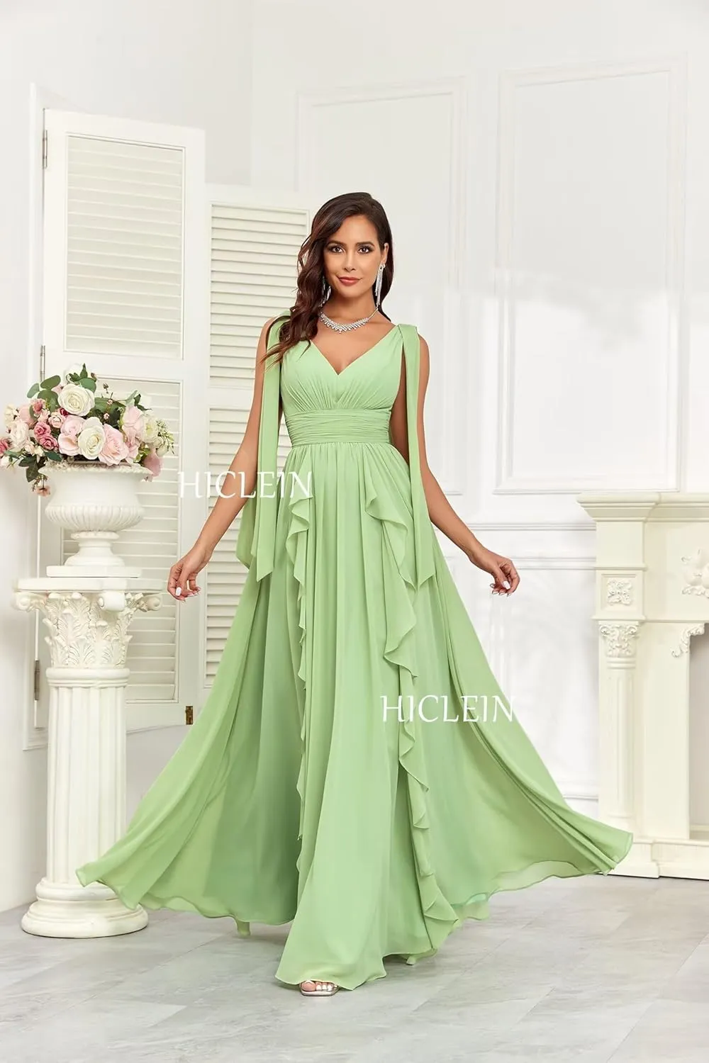 Ruffle Bridesmaid Dresses for Women Long V Neck Chiffon Ruched Flowy Formal Dress for Wedding