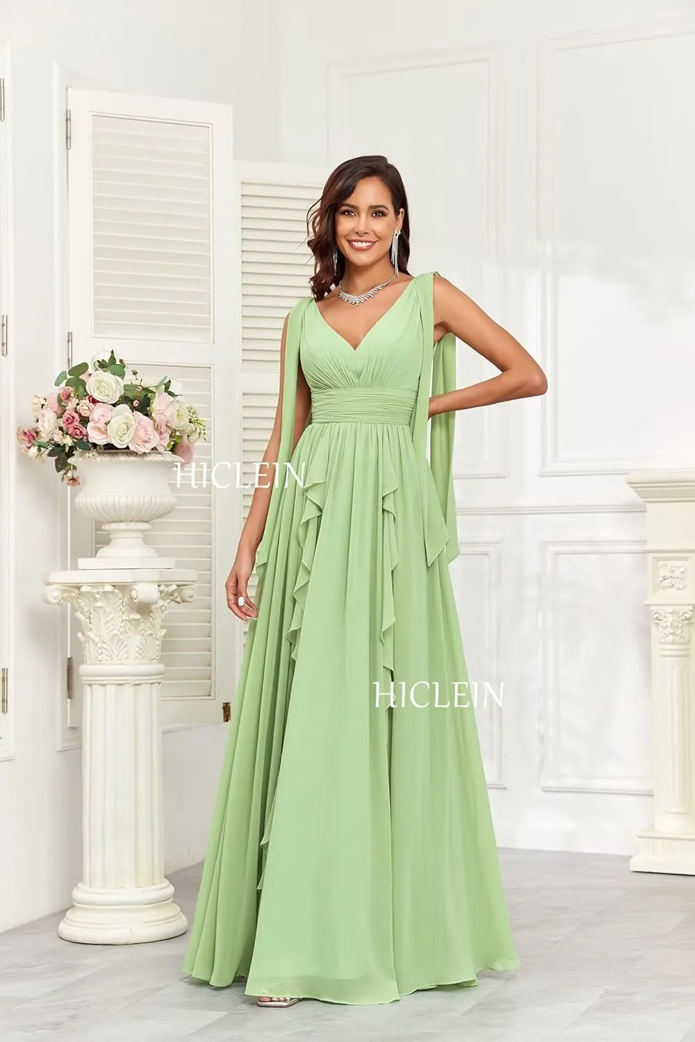 Ruffle Bridesmaid Dresses for Women Long V Neck Chiffon Ruched Flowy Formal Dress for Wedding
