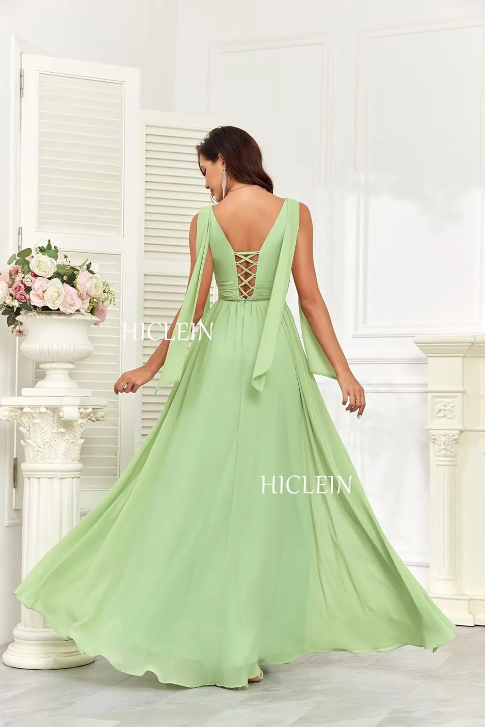 Ruffle Bridesmaid Dresses for Women Long V Neck Chiffon Ruched Flowy Formal Dress for Wedding