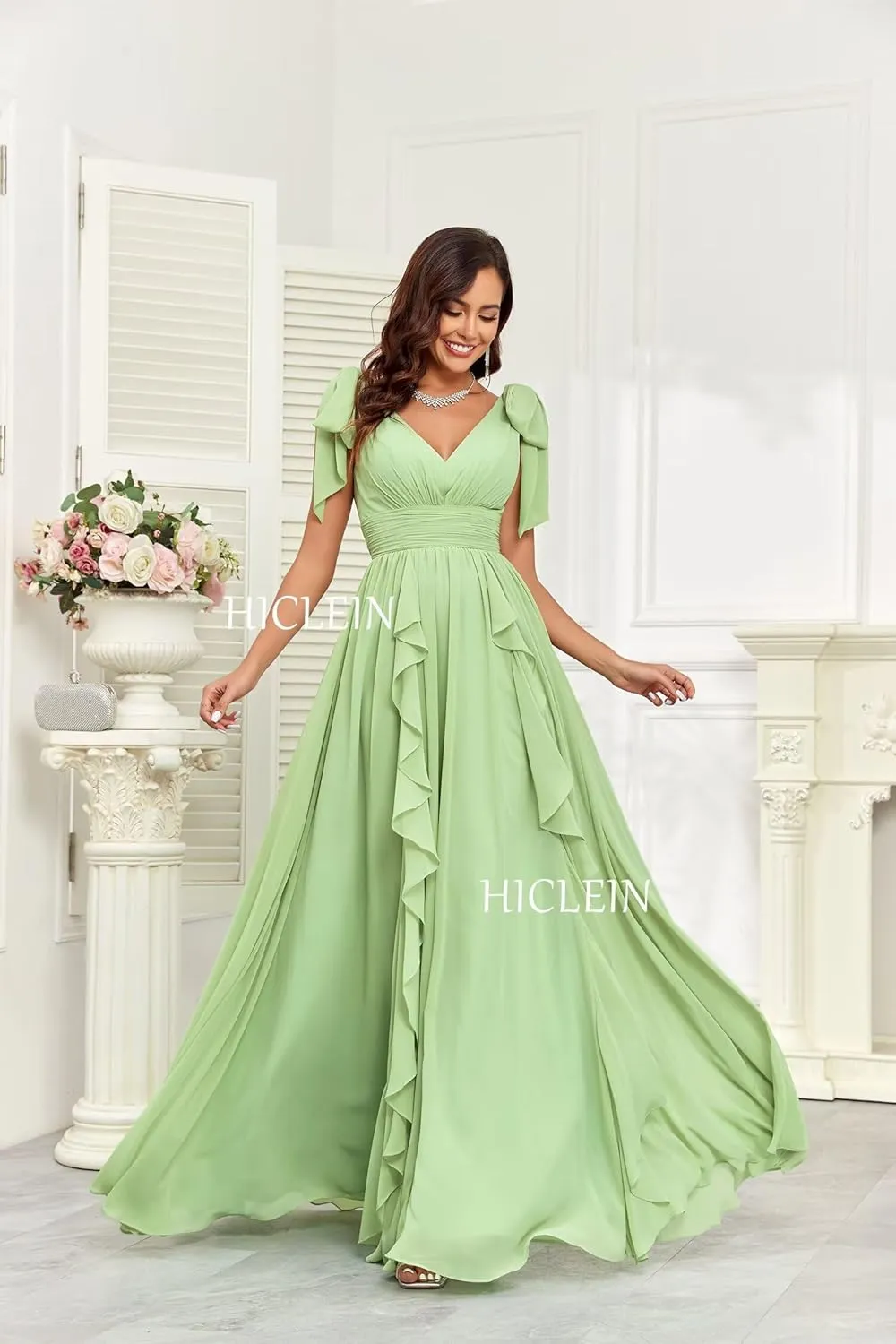 Ruffle Bridesmaid Dresses for Women Long V Neck Chiffon Ruched Flowy Formal Dress for Wedding