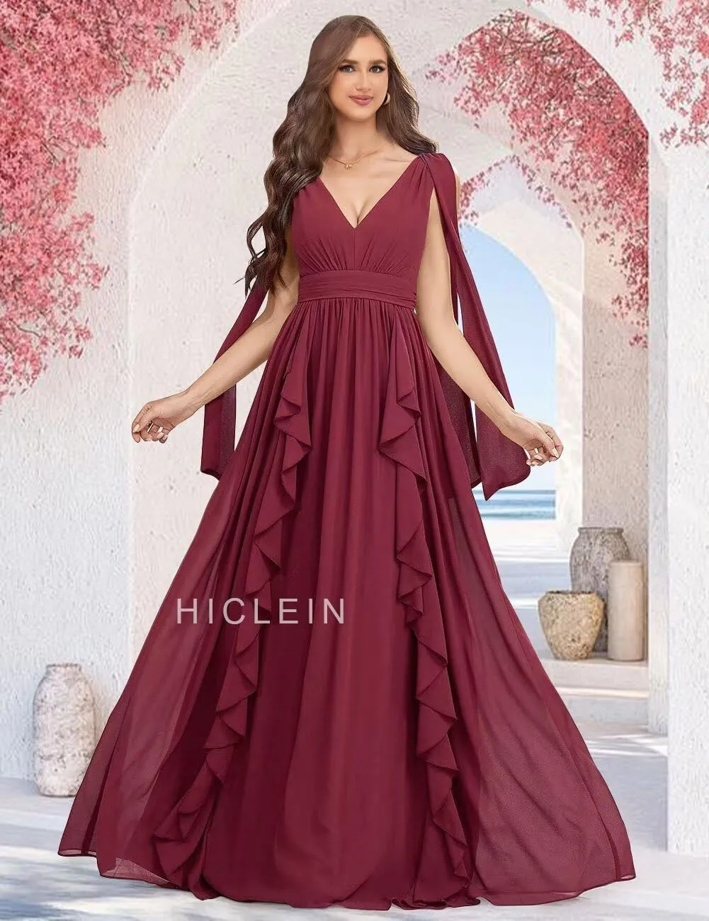 Ruffle Bridesmaid Dresses for Women Long V Neck Chiffon Ruched Flowy Formal Dress for Wedding