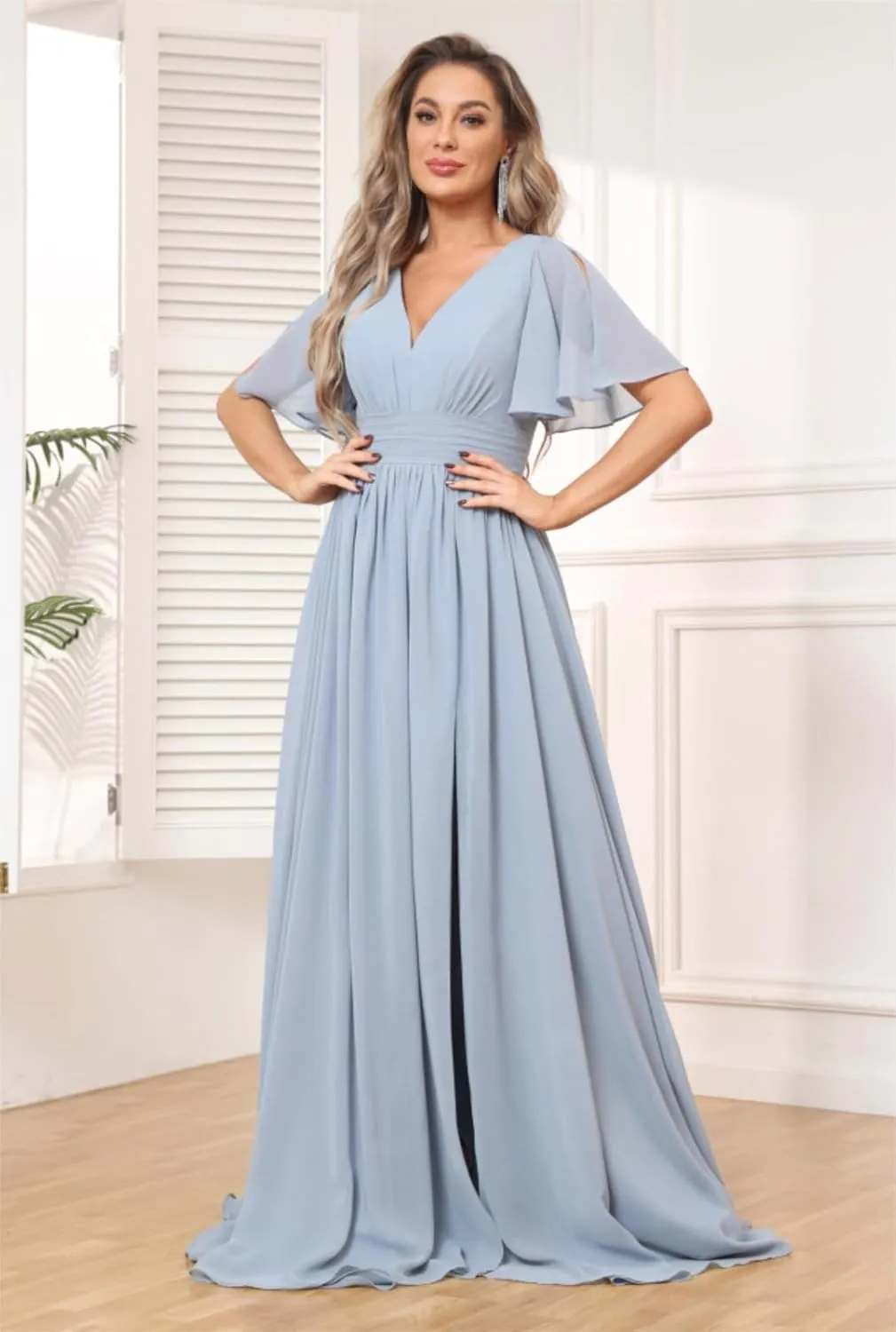Ruffle Bridesmaid Dresses for Women Wedding Guest V Neck Pleated Chiffon Formal Evening Dress