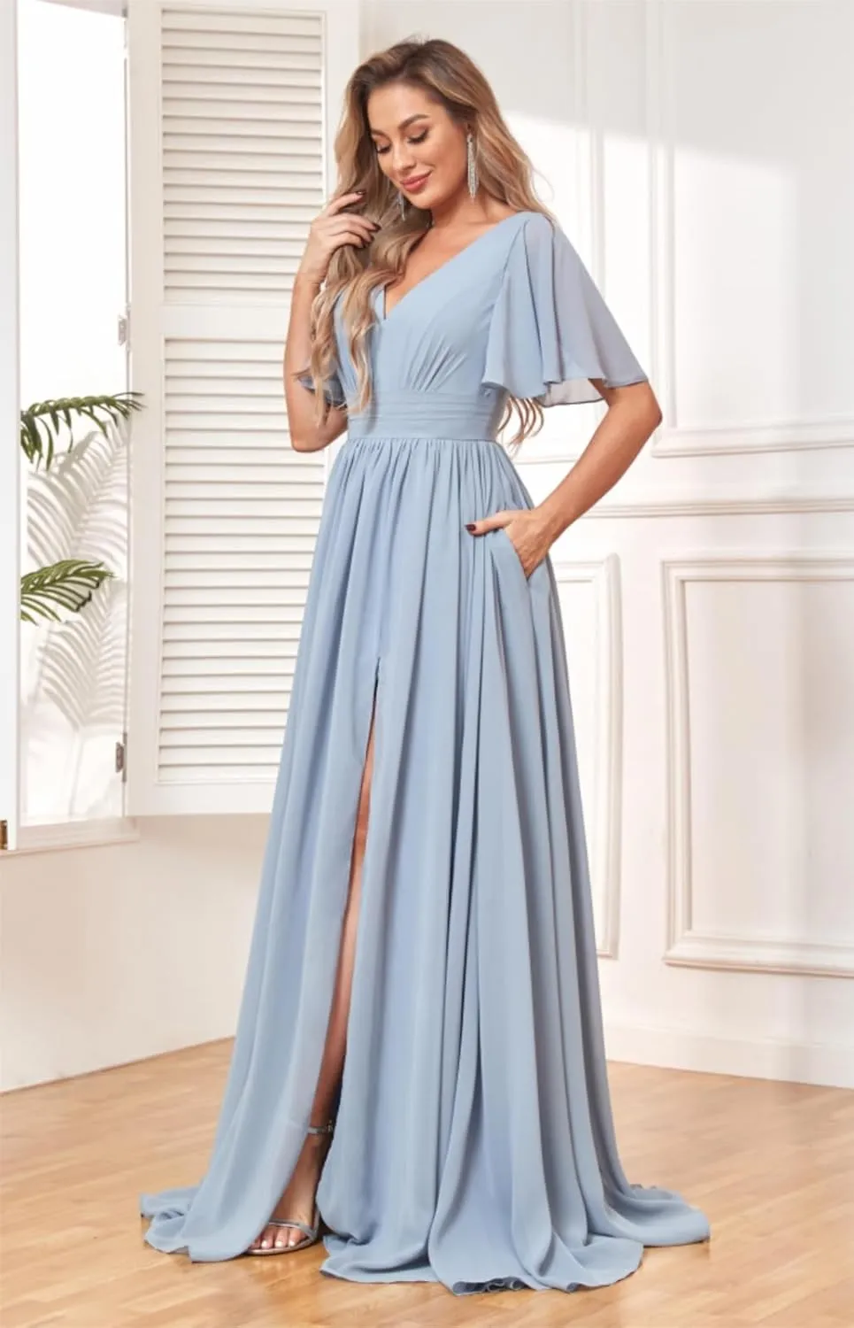 Ruffle Bridesmaid Dresses for Women Wedding Guest V Neck Pleated Chiffon Formal Evening Dress