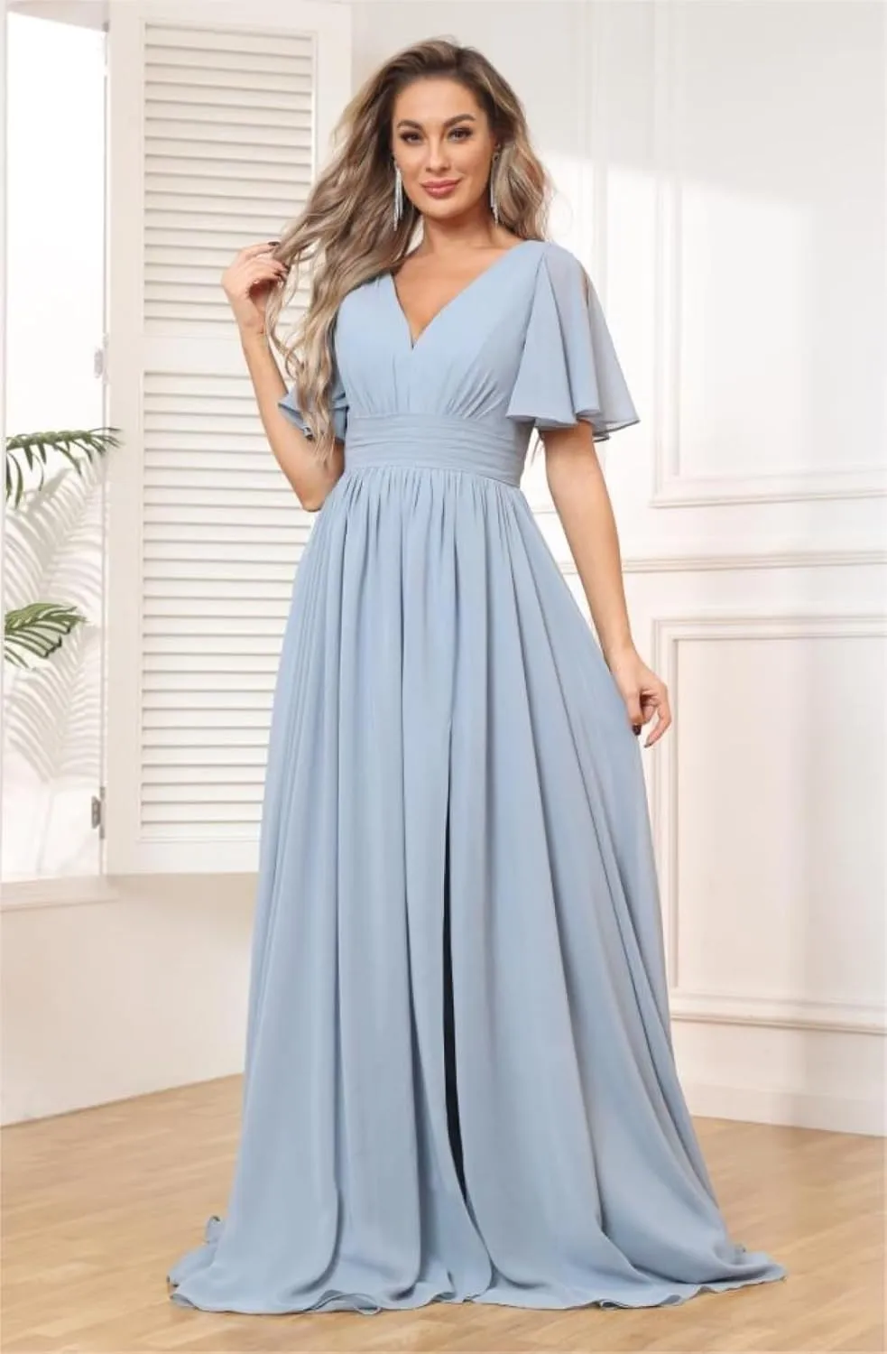 Ruffle Bridesmaid Dresses for Women Wedding Guest V Neck Pleated Chiffon Formal Evening Dress