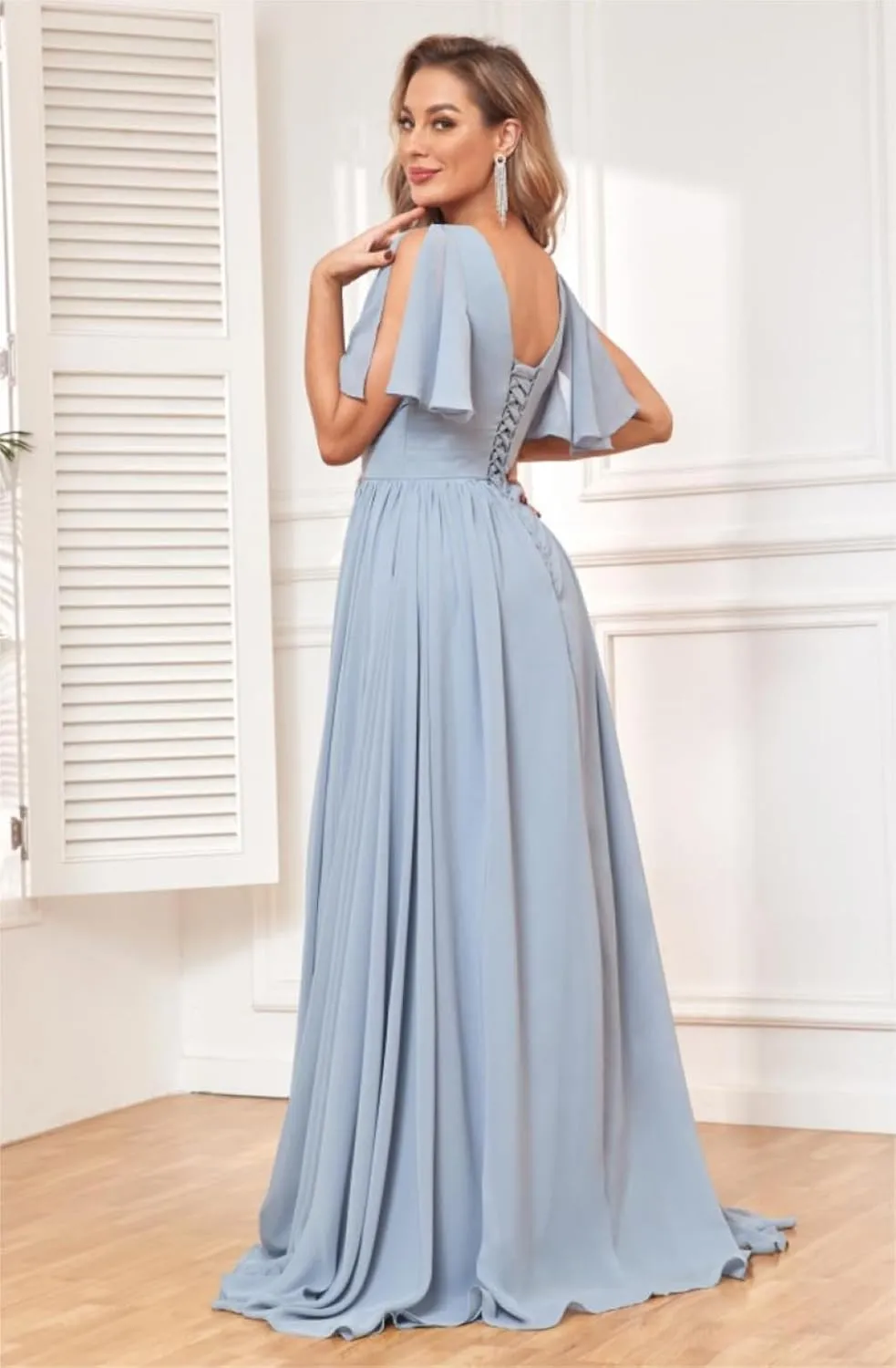 Ruffle Bridesmaid Dresses for Women Wedding Guest V Neck Pleated Chiffon Formal Evening Dress