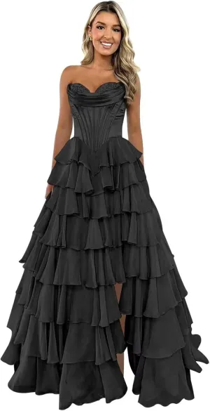 Ruffle Prom Dress Corset Tiered 2025 Strapless Long Chiffon Formal Evening Gown with Slit