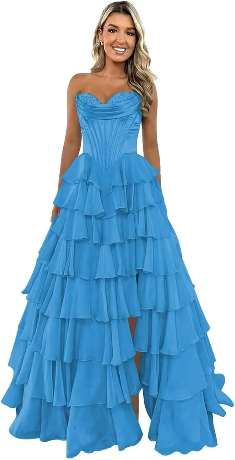 Ruffle Prom Dress Corset Tiered 2025 Strapless Long Chiffon Formal Evening Gown with Slit