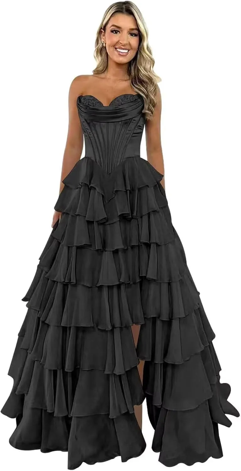 Ruffle Prom Dress Corset Tiered 2025 Strapless Long Chiffon Formal Evening Gown with Slit