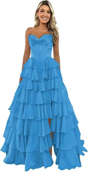 Ruffle Prom Dress Corset Tiered 2025 Strapless Long Chiffon Formal Evening Gown with Slit