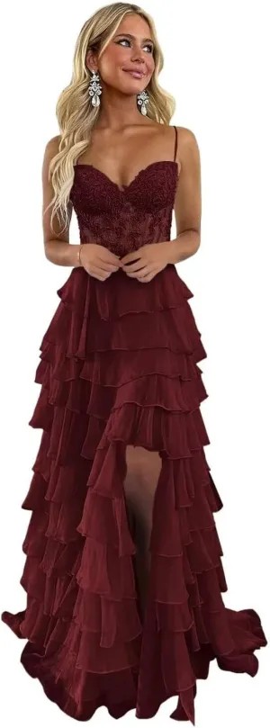 Ruffle Tiered Prom Dress for Women Chiffon Layered Lace Corset Evening Party Gowns with Slit