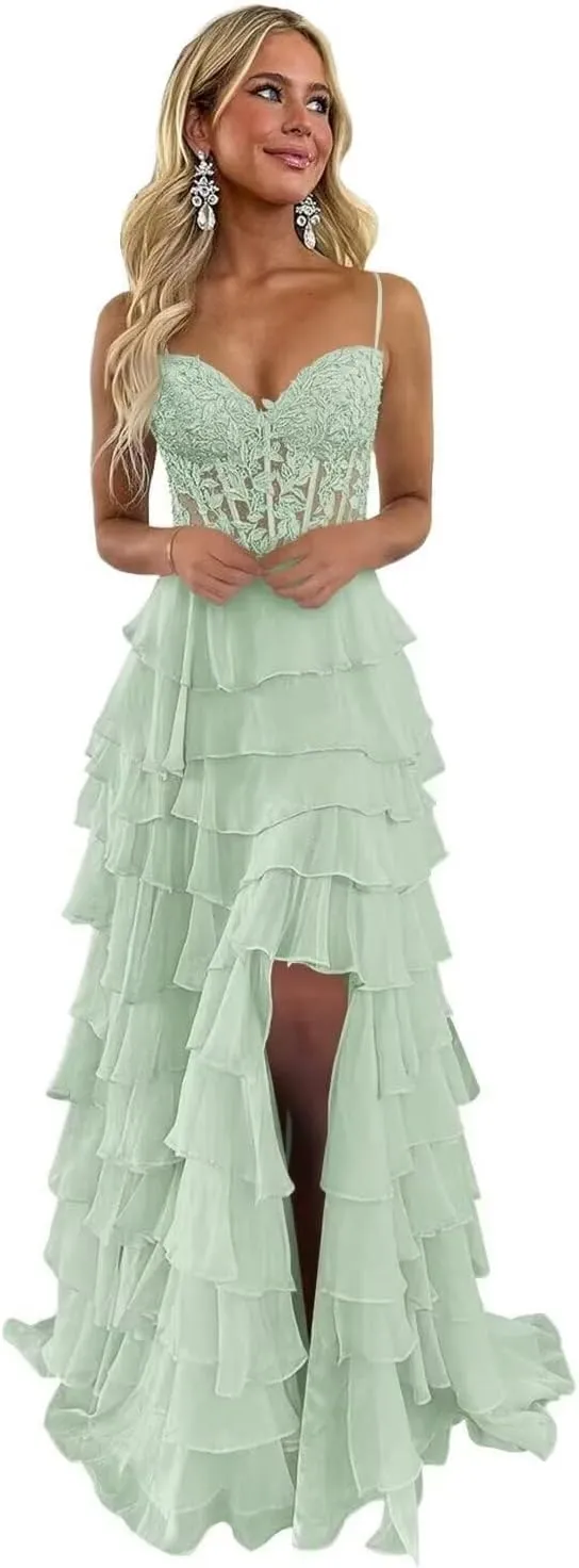 Ruffle Tiered Prom Dress for Women Chiffon Layered Lace Corset Evening Party Gowns with Slit