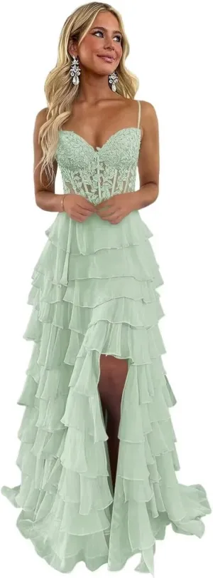 Ruffle Tiered Prom Dress for Women Chiffon Layered Lace Corset Evening Party Gowns with Slit