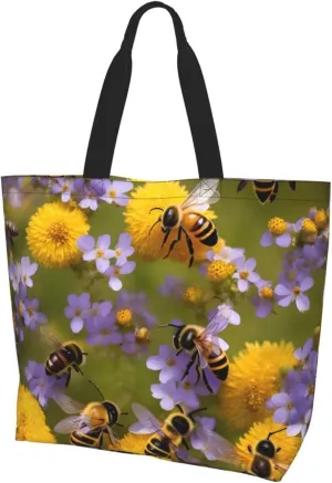 Rural Honey Bees Wildflowers print Shoulder Handbag, Women Tote Purse, Large Capacity Shopping Bag, Top Handle Bag