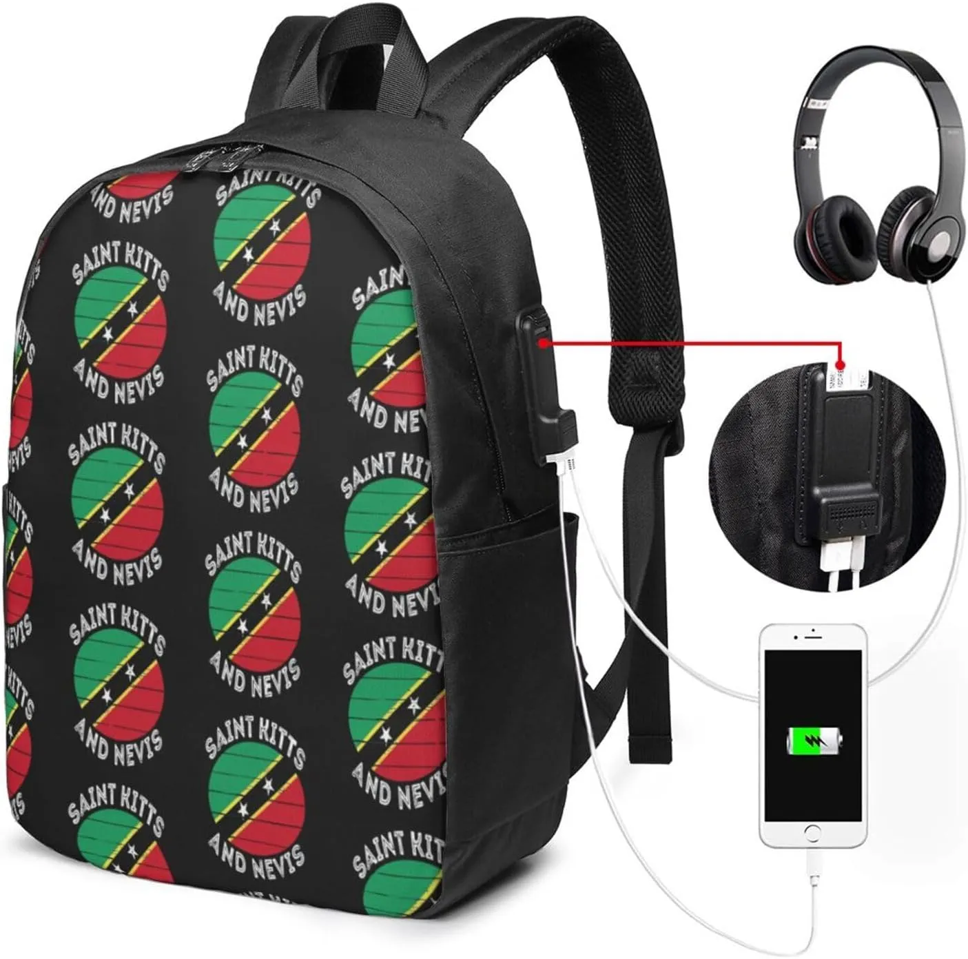 Saint Kitts Nevis Roots Flag Laptop Backpacks Travel Backpack Casual Business Daypack Sport Rucksack Computer Bag Fits up to 17 Inch Notebook with USB Port
