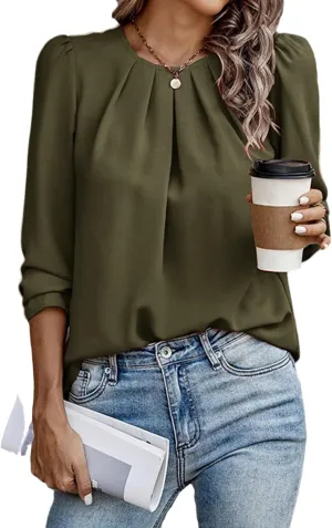 Samefar Womens Tops Dressy Casual Pleated Crew Neck Long Sleeve Shirts Office Work Chiffon Blouses