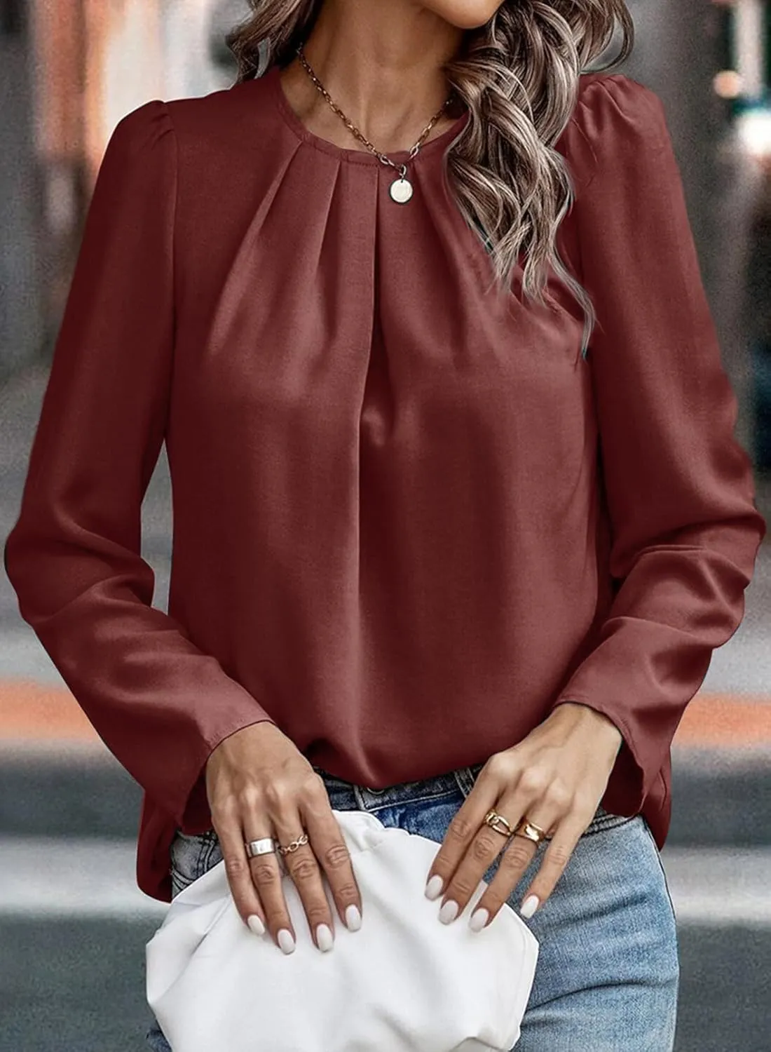 Samefar Womens Tops Dressy Casual Pleated Crew Neck Long Sleeve Shirts Office Work Chiffon Blouses