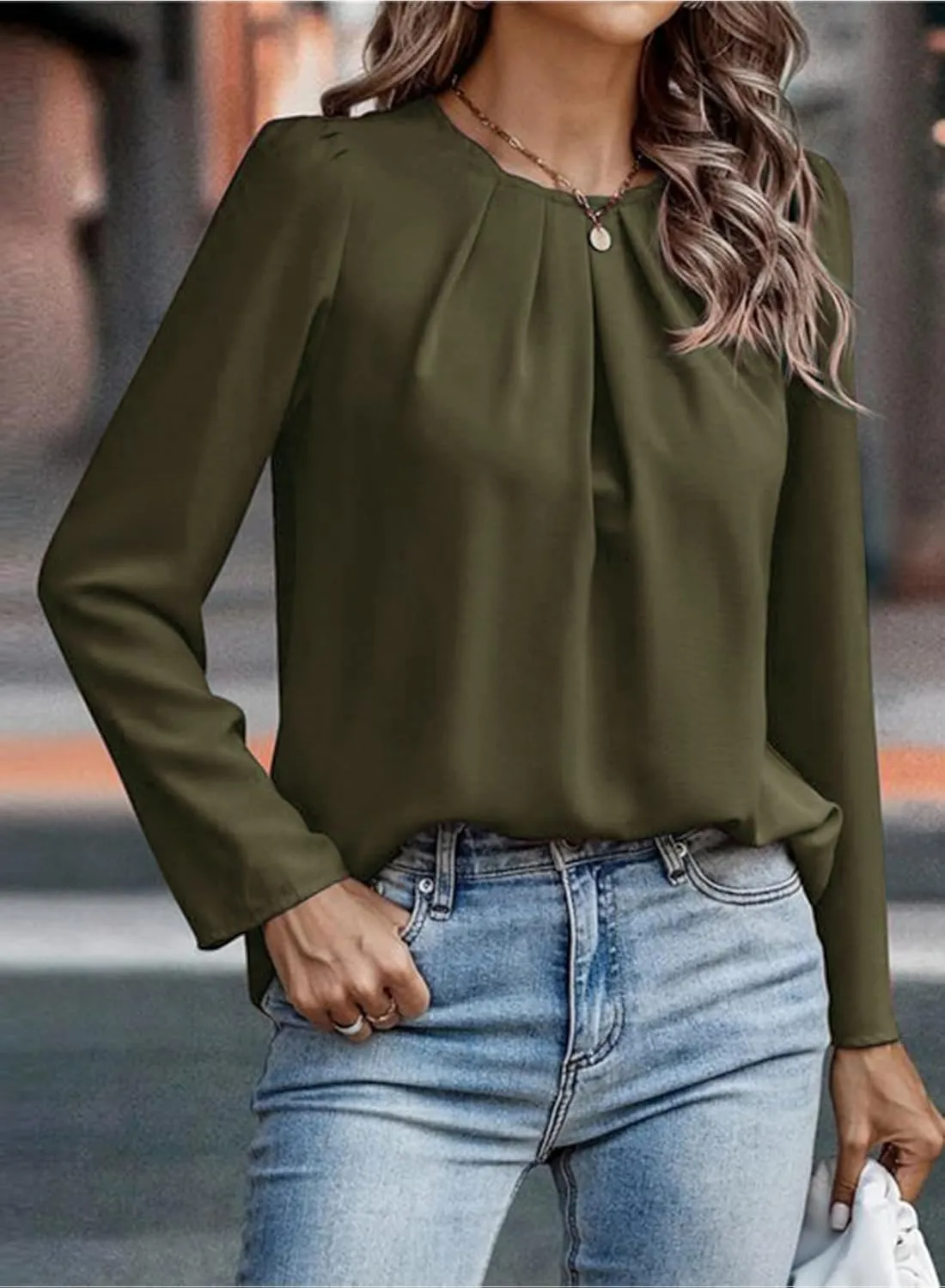 Samefar Womens Tops Dressy Casual Pleated Crew Neck Long Sleeve Shirts Office Work Chiffon Blouses