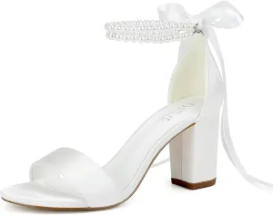 Satin Wedding Shoes for Bride Pearl Heels Bridal Shoes Wedding Heels Block Heel Wedding Sandals