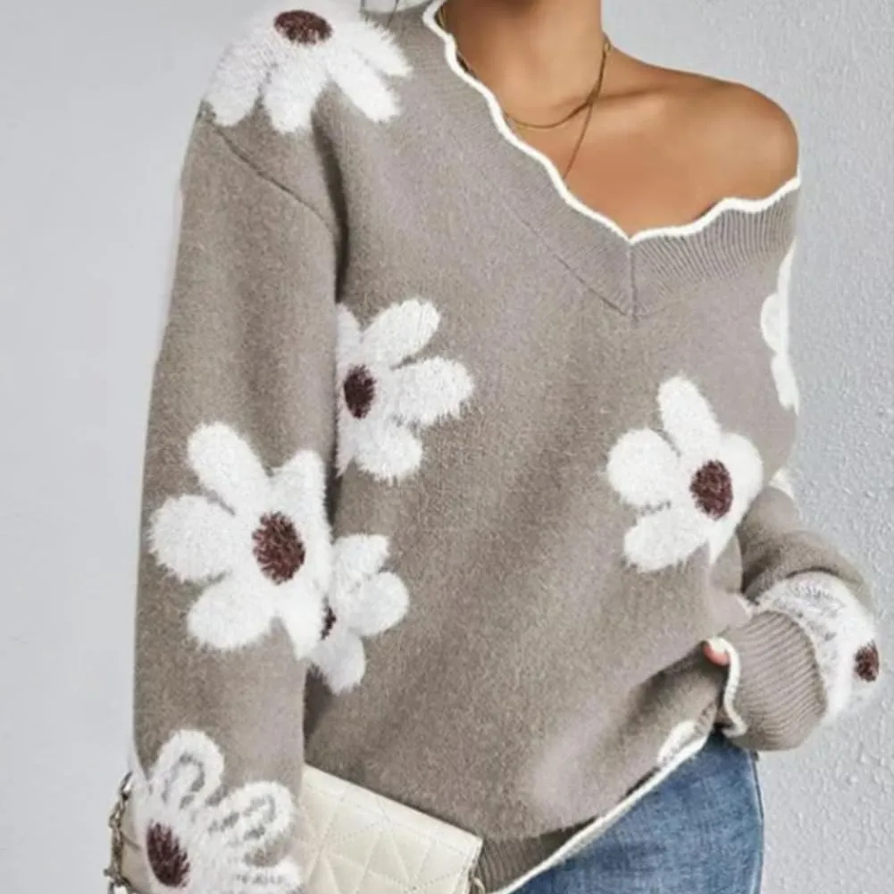 Scallop Trim Flower Sweater, Women's Floral Pattern Scallop Trim Sweater, Casual Loose Long Sleeve Drop Shoulder Sweater