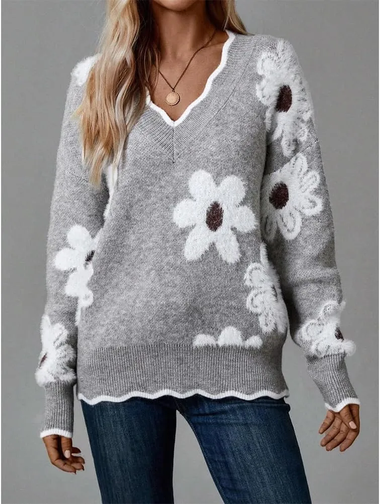 Scallop Trim Flower Sweater, Women's Floral Pattern Scallop Trim Sweater, Casual Loose Long Sleeve Drop Shoulder Sweater