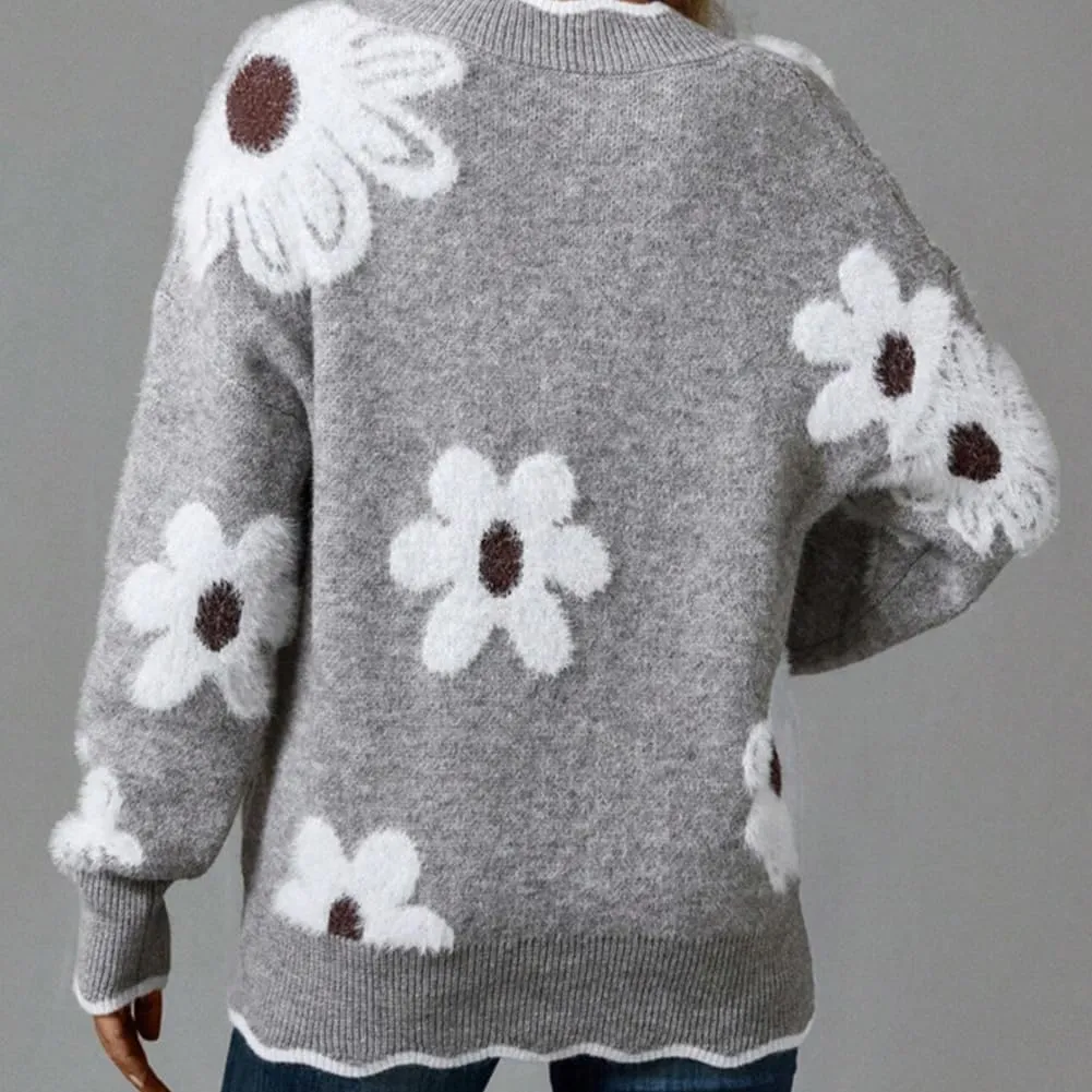 Scallop Trim Flower Sweater, Women's Floral Pattern Scallop Trim Sweater, Casual Loose Long Sleeve Drop Shoulder Sweater