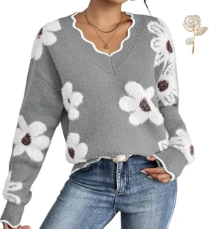 Scallop Trim Flower Sweater, Women's Floral Pattern Scallop Trim Sweater, Casual Loose Long Sleeve Drop Shoulder Sweater