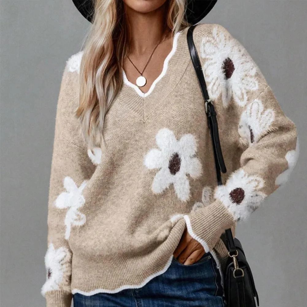 Scallop Trim Flower Sweater, Women's Floral Pattern Scallop Trim Sweater, Casual Loose Long Sleeve Drop Shoulder Sweater