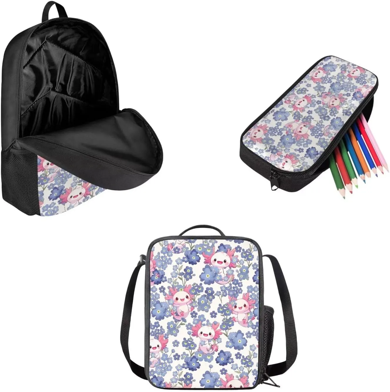 School Backpack for Teens, Axolotl Floral Print Reusable School Bag with Leakproof Lunch Bag Pencil Box for Girls