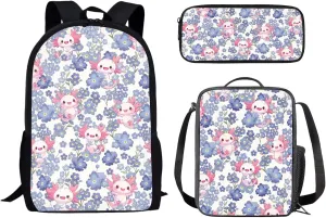 School Backpack for Teens, Axolotl Floral Print Reusable School Bag with Leakproof Lunch Bag Pencil Box for Girls