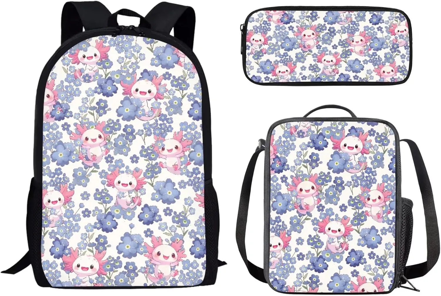 School Backpack for Teens, Axolotl Floral Print Reusable School Bag with Leakproof Lunch Bag Pencil Box for Girls