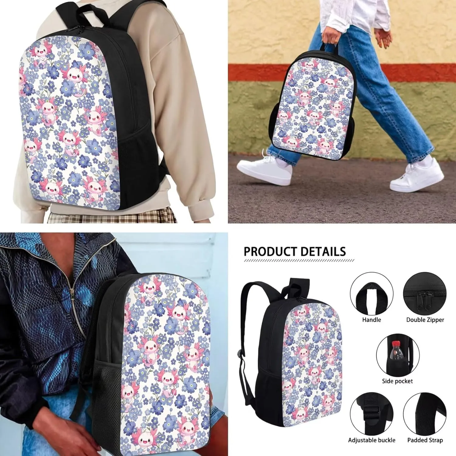 School Backpack for Teens, Axolotl Floral Print Reusable School Bag with Leakproof Lunch Bag Pencil Box for Girls
