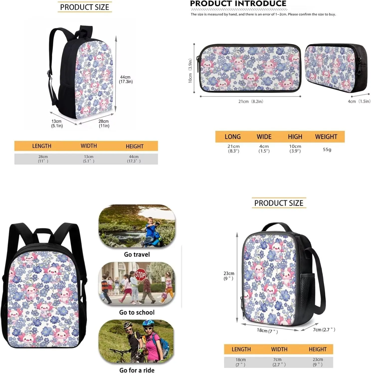 School Backpack for Teens, Axolotl Floral Print Reusable School Bag with Leakproof Lunch Bag Pencil Box for Girls