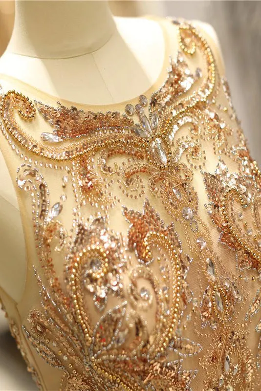 Scoop Champagne Beaded Floor Length Prom Gowns