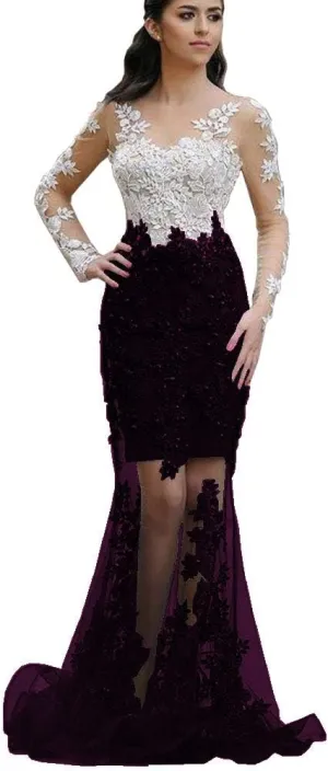 SDRESS Women's Appliques Long Sleeve V-Neck Side Slit Mermaid Formal Prom Dress