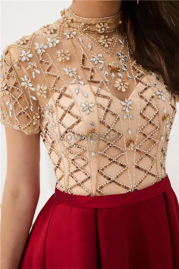 See Through Short Sleeves High Neck Beaded Evening Prom Dresses, Evening Party Prom Dresses, 12080