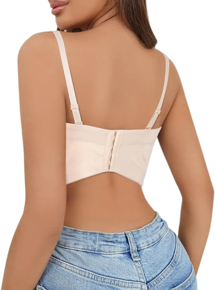 Segreto Women Sexy Rhinestone Crop Top Beaded Feather Bustier Push Up Corset Tank Tops Bra Vest Clubwear Party