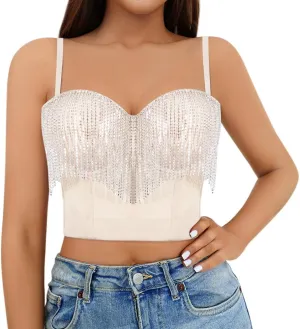 Segreto Women Sexy Rhinestone Crop Top Beaded Feather Bustier Push Up Corset Tank Tops Bra Vest Clubwear Party